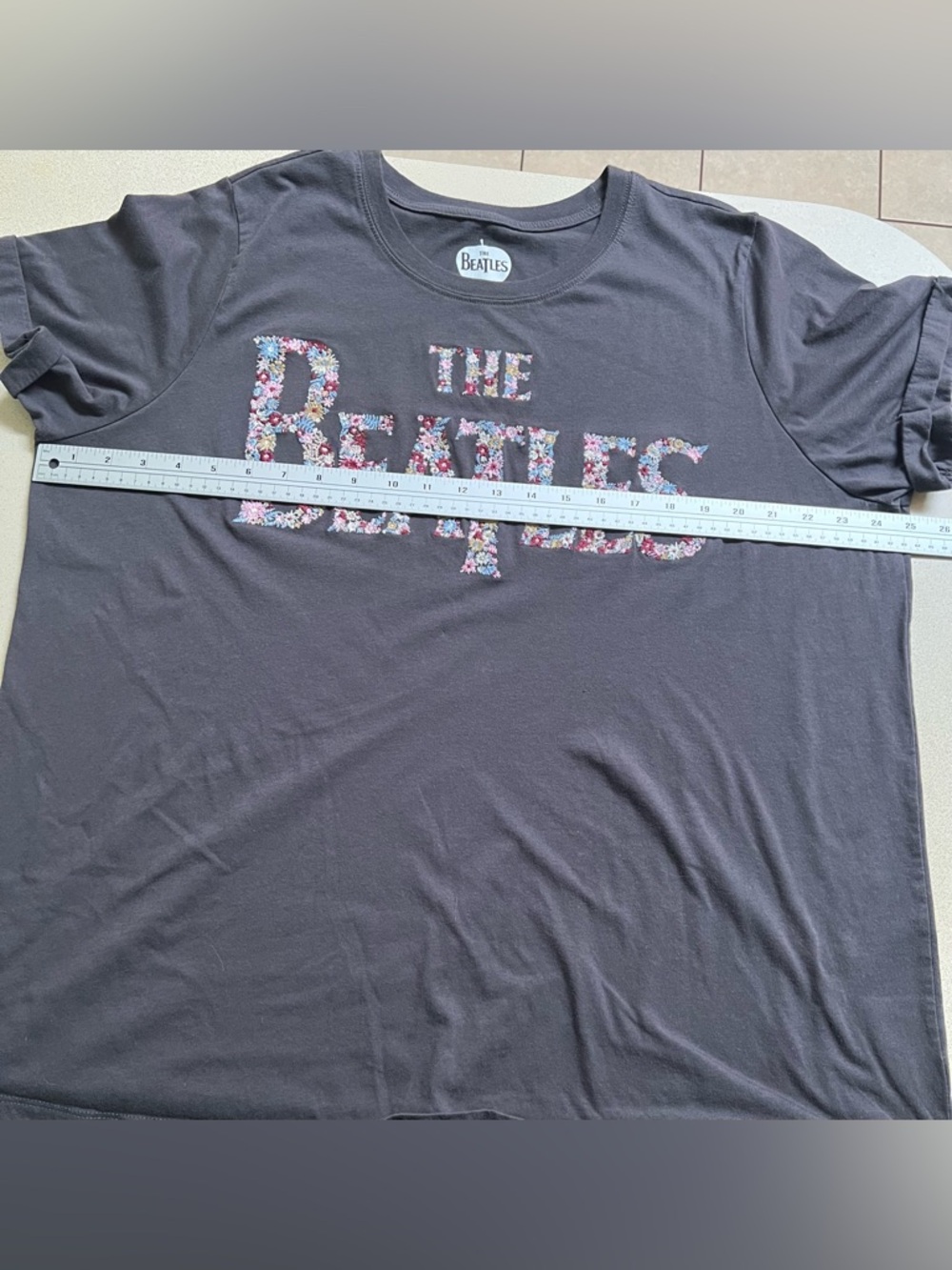 The Beatles Vintage Black Floral Logo Short Sleeve Tee - Picture 5 of 7